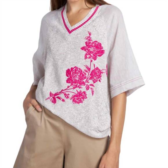 NEW TRICOT CHIC v neck linen knit top in beige with pink - Picture 1 of 1